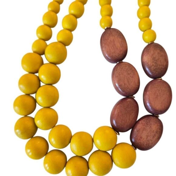 Womens Two Strand Wooden Bead Fashion Statement Necklace Yellow OS - Picture 2 of 10